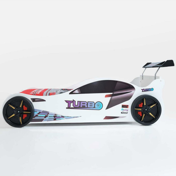 Hanah Home Cama Coche Eko - White con Faros LED, Diseño Infantil de Carreras, 120x230 cm
